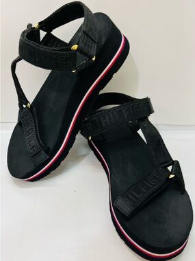 Tommy Hilfiger Black Sandals with Red & White Stripe Accent